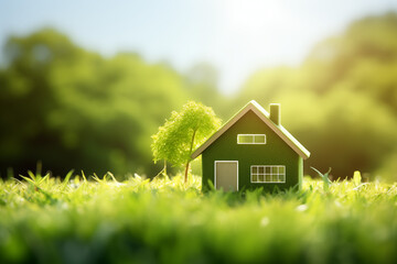 Sustainable Concept green home and environmentally friendly construction. It includes a mini house icon placed on a lush green lawn generative ai - obrazy, fototapety, plakaty
