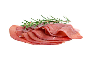 Slices of tasty bresaola and rosemary isolated on white
