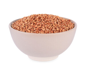 Raw buckwheat in bowl isolated on white