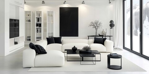 A living room with white furniture and black accents