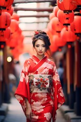 Geisha wearing traditional Japanese kimono at the town temple