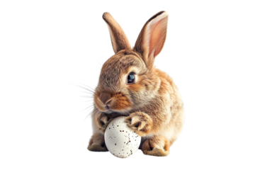 Cute easter bunny holding easter egg isolated on white or transparent background