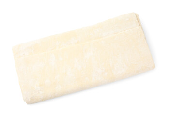 Raw puff pastry dough isolated on white, top view
