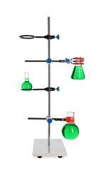 Retort stand with flasks of green liquid isolated on white