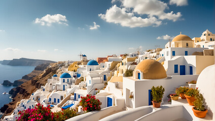 Beautiful Oia town in Greece background day - obrazy, fototapety, plakaty