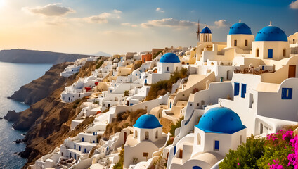 Beautiful popular  Oia town in Greece background - obrazy, fototapety, plakaty
