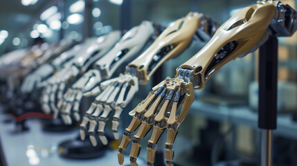 Production line of advanced human hand prostheses showcases breakthroughs in medical technology.