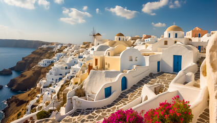 Beautiful Oia town in Greece background sunny - obrazy, fototapety, plakaty