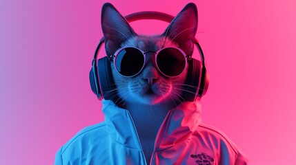 illustration of fantasy character with cat head in sunglasses and headphones wearing white jacket listening to music against pink and blue background