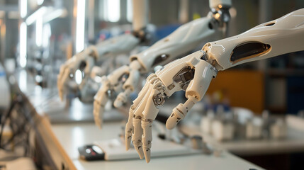 Crafting hope: technicians work on creating lifelike human hand prostheses in a facility - obrazy, fototapety, plakaty