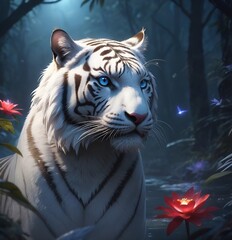 Obraz premium White tiger, on the background of flowers and forest, close-up portrait.