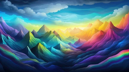 Poster Im Rahmen Rainbow 3d isometric mountains. Rainbow abstract mountains background. Cartoon landscape © brillianata