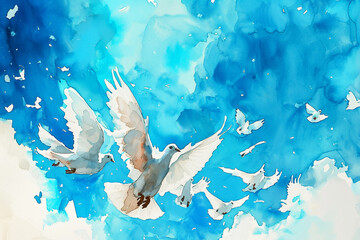 whimsical watercolor painting of a group of people releasing doves into the sky - obrazy, fototapety, plakaty
