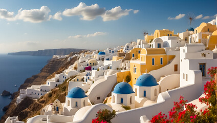 Beautiful Oia town in Greece background landscape - obrazy, fototapety, plakaty