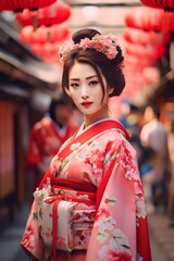 Geisha wearing traditional Japanese kimono at the town temple