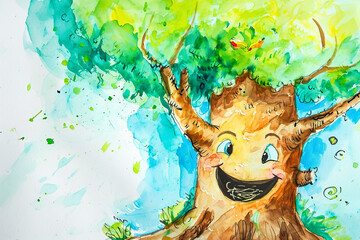 watercolor illustration of a child's drawing of a smiling tree with a bird's nest