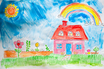 watercolor illustration of a child's drawing of a house