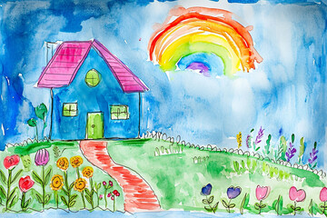 watercolor illustration of a child's drawing of a house