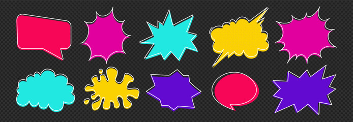 A pack of speech bubbles. Set of empty speech bubbles. Comic text sound effects collection. Banner, poster, sticker concept. Vector cartoon messages. Abstract pop art style on black texture background - 712706310