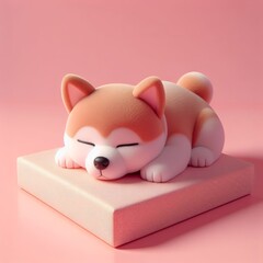 Сute fluffy red Shiba Inu puppy toy sleeping on a pastel pink background. Minimal adorable animals concept. Wide screen wallpaper. Web banner with copy space for design.