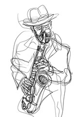A Minimal Black and White Line Art Drawing of a Jazz Musician Playing Saxophone, Continous Line Saxophonist Jazz and Soul Music Trumpet Banner Illustration - obrazy, fototapety, plakaty