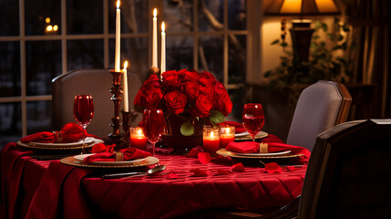 Dinner table decorated for valentines day.