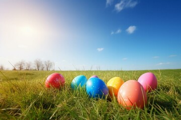 Fototapeta na wymiar Colorful Easter eggs on a grass lawn under a blue sky. Generative AI