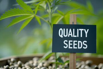 Premium-Hanfsaatgut: Schild mit der Aufschrift 'Quality Seeds' vor einem Hintergrund aus hochwertigen Cannabis-Pflanzen symbolisiert erstklassige Hanfzuchtqualität.