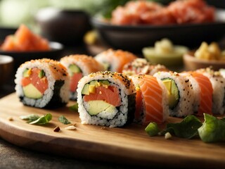  Delicious sushi rolls with salmon on wooden board, closeup view