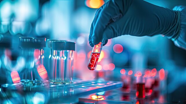 Science laboratory research and development concept. Scientist hand holding test tube with blood sample for pharmaceutical research and development