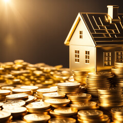 Real estate investment concept, house model on stack of gold coins.