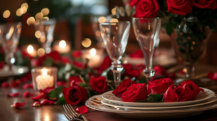 Obraz na płótnie Canvas Valentine day table decorated with red flowers.
