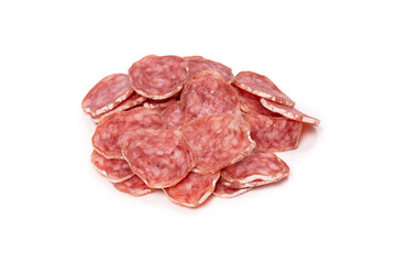 Tasty salami slices isolated on a white background.