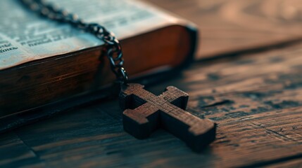 On a Bible rests a wooden Christian cross necklace. The rustic texture of the cross contrasts with the softness of the Bible. Concept symbolizing faith and devotion.