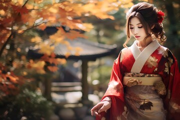 Obraz premium Beautiful young japanesse Asian woman wearing traditional kimono dress at japan park home
