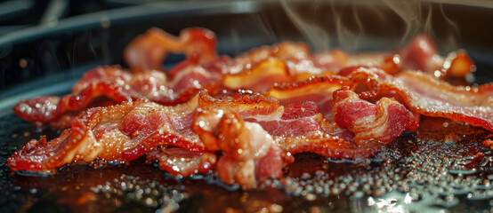 Sizzling bacon strips on a hot pan, glistening with fat and flavor, the essence of indulgent morning comfort
