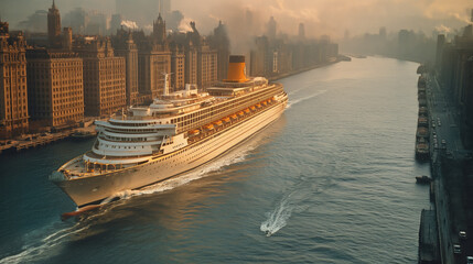 AI generated illustration of a cruise ship sailing peacefully near skyscraper-filled city
