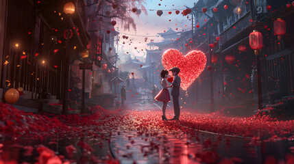 Amid the glowing lights of the street, a couple braves the rainy night, their intertwined hands illuminated by the red hearts adorning the christmas decorations around them