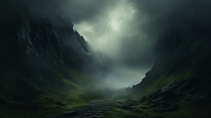 A moonlit mountain pass shrouded in mist, creating an atmosphere of mystery and enchantment in the high-altitude wilderness -Generative Ai
 - obrazy, fototapety, plakaty