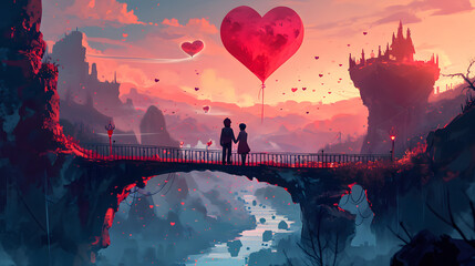 Amidst a serene sunset sky, a couple gazes upon the passing aircrafts as they hold onto a heart-shaped balloon, symbolizing their love soaring to new heights on the bridge over the glistening river - obrazy, fototapety, plakaty