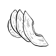 Avocado slices vector illustration. Avocado fruit ripe. Black outline graphic drawing. Tropical vegan food ink line contour