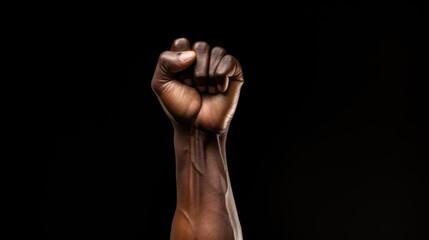African man raises his fist up on a black background.