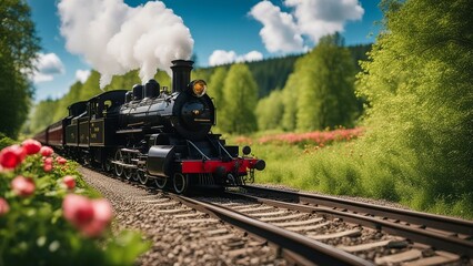steam train in the countryside  A steam train engine on a sunny day in the spring. The train is a classic and elegant model,  