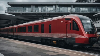 Obraz premium train on the station A red train that stands out against the gray railway station. The train is sleek and modern, 