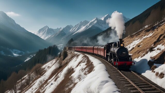 ski resort in the mountains  A steam train on a narrow gauge railway in the mountains. The train is climbing up a steep slope,  