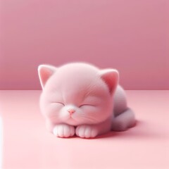 Сute fluffy gray baby British cat toy sleeping on a pastel pink background. Minimal adorable animals concept. Wide screen wallpaper. Web banner with copy space for design.