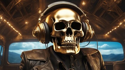  Steampunk skull train  Skull wearing headphones background detailed high contrast  