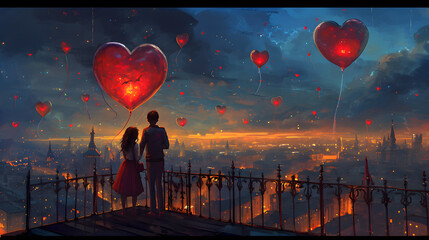 Amidst the vast expanse of the sky, a couple stands on a balcony, gazing at the bustling city below as a colorful hot air balloon drifts by, a screenshot-worthy moment captured in the background, sur