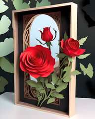Evoke The Captivating Allure Of A Single Rose, Its Petals A Vibrant Crimson Kissed By Sunlight, red roses in a vase on a table, rose background. rose art, valentines day, valentines pic, paper art