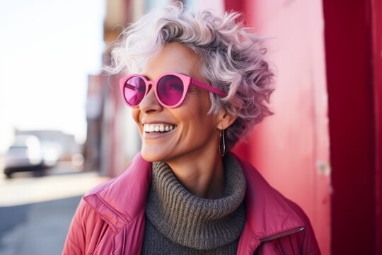 Closeup portrait of a beautiful young woman with short hair wearing pink sunglasses